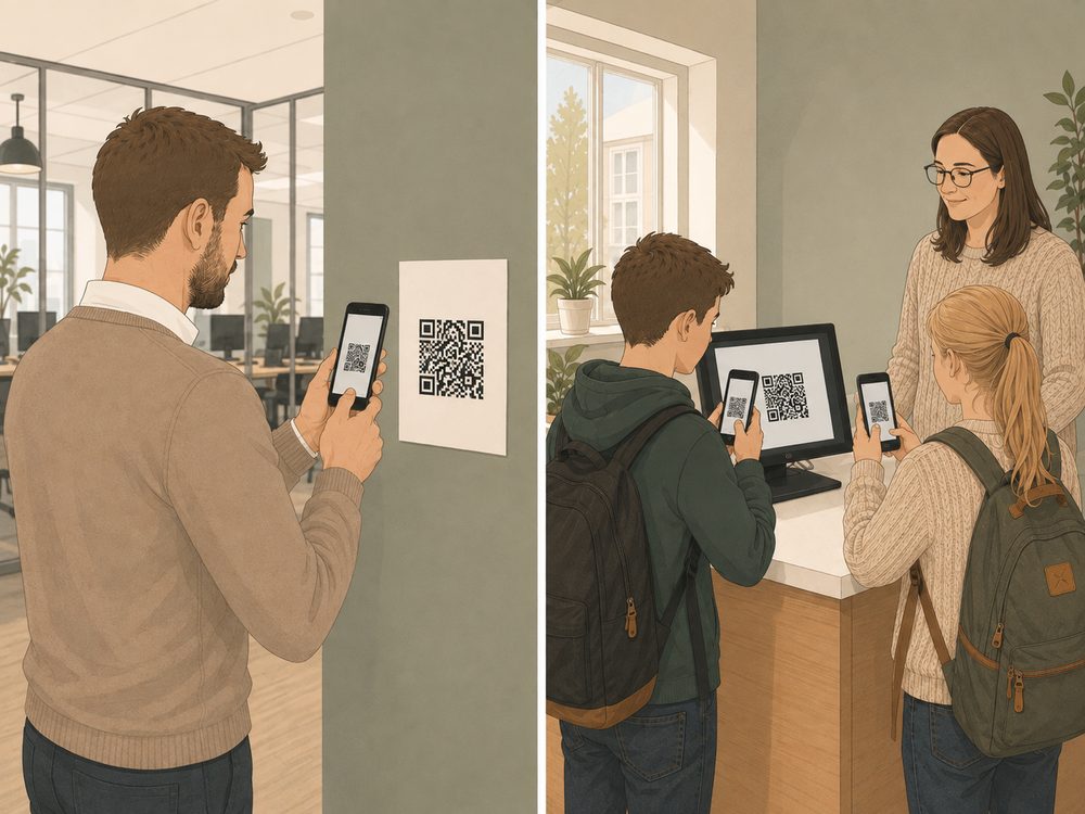 En medarbejder scanner en QR-kode p&aring; en opslagstavle, og elever scanner en QR-kode i klassen