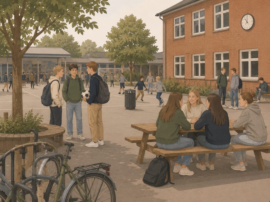 Elever i en skoleg&aring;rd i frikvarteret